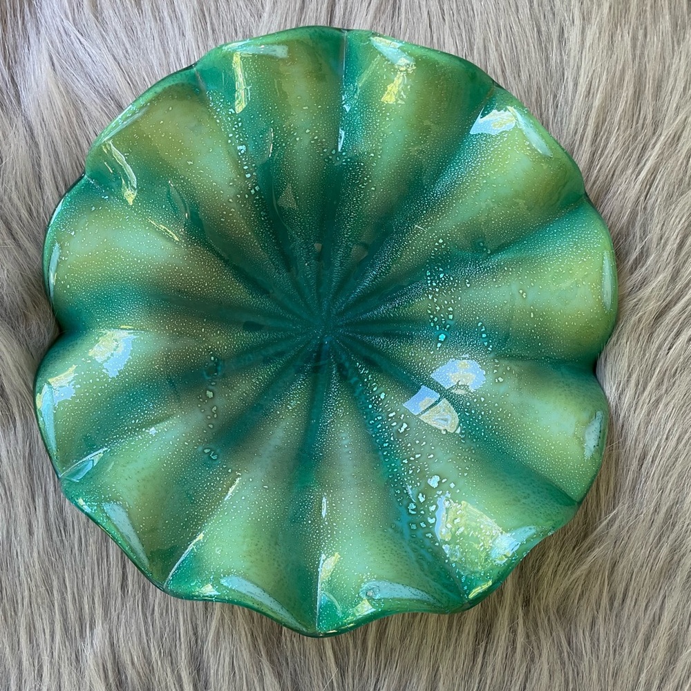 Vintage Murano green and blue glass bowl. Wavy edges.
